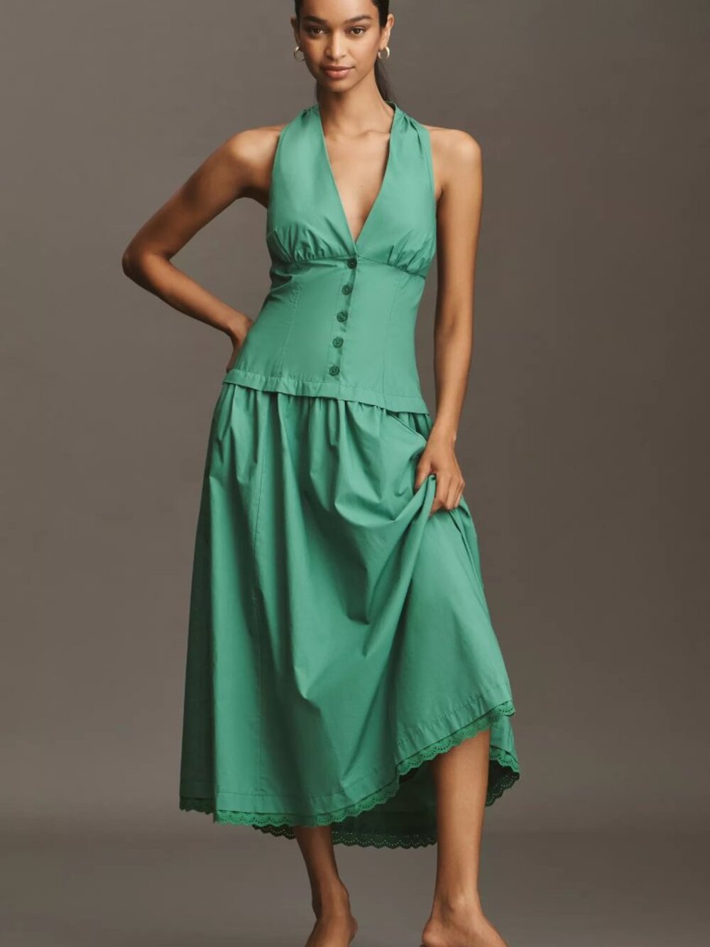 Anthropologie Halter V-Neck Drop-Waist Midi Dress